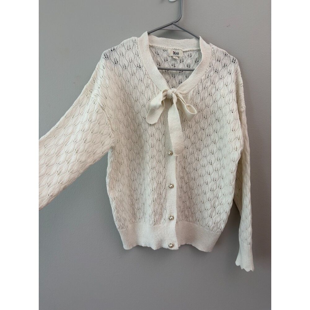 IKnit White Pointelle Knit Tie Neck Cardigan Pearl Buttons Womens L Grandmacore